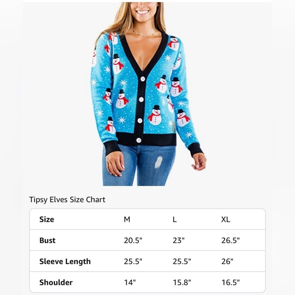 Tipsy Elves WOMEN'S SNAZZY SNOWMAN CARDIGAN SWEATER Size L Light Blue Holiday - Picture 11 of 12